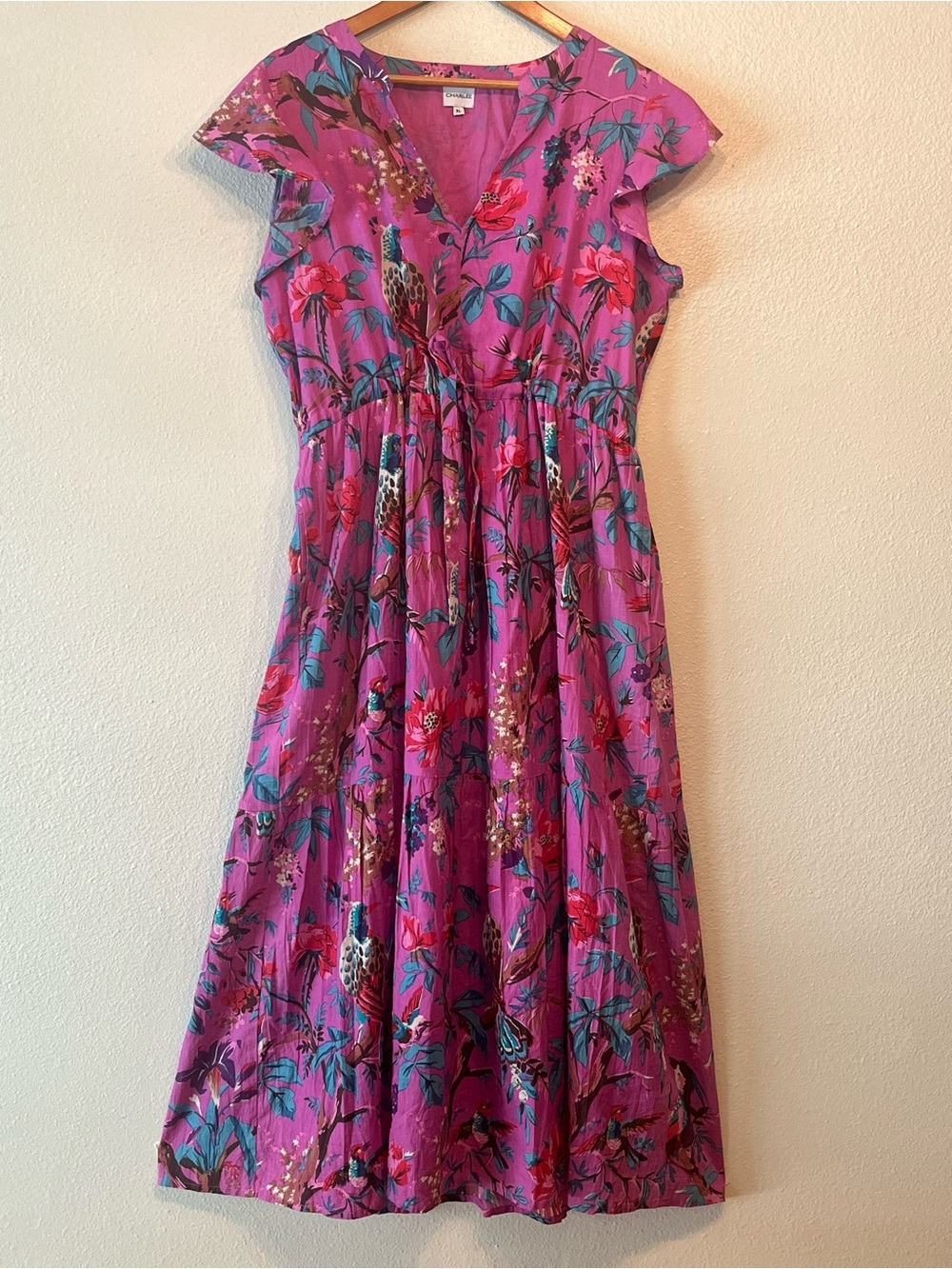 CHARLEE Woman Vibrant Pink Botanical Floral Hawaiian Cotton Summer Dress size XL